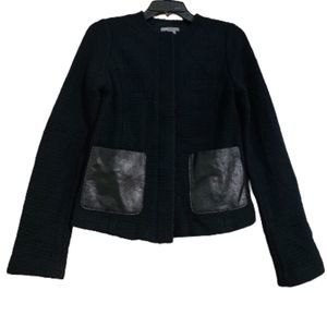 VINCE WOMEN’s Black Woven Wool & Basket Leather Trim Zip Moto Jacket Size 6